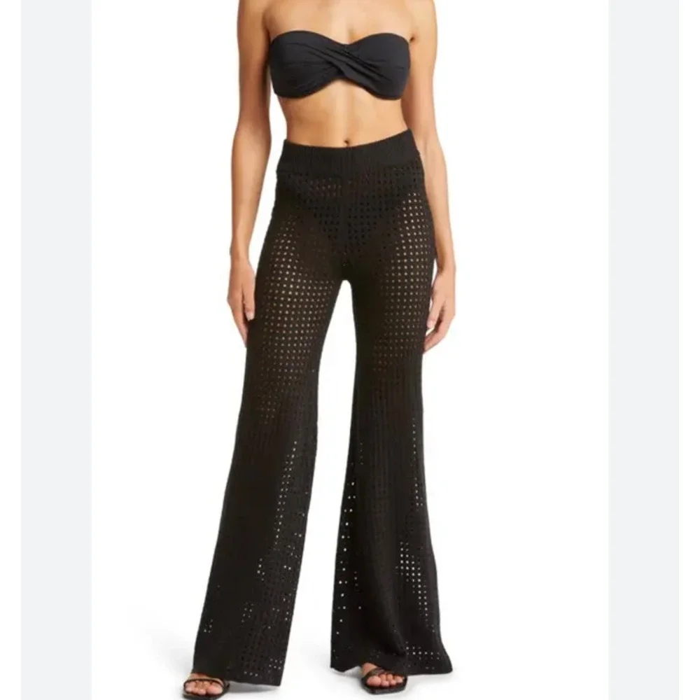 Elan Womens Cover Up Pants Black Mesh Wide Leg Pull On Pointelle Knit L New